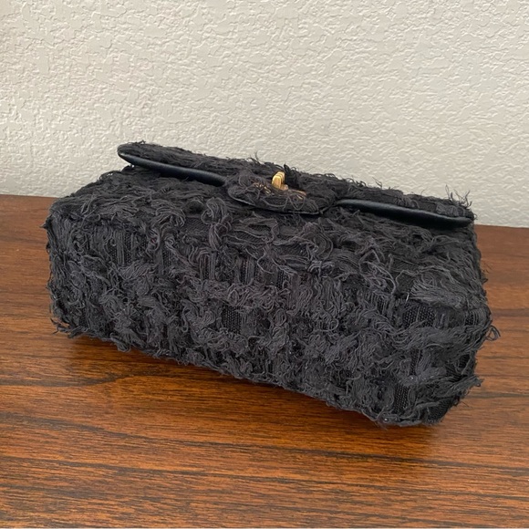 Black Fringe Tweed Leather Classic Single Flap Crossbody Chain Bag Medallion C2 - Picture 8 of 14